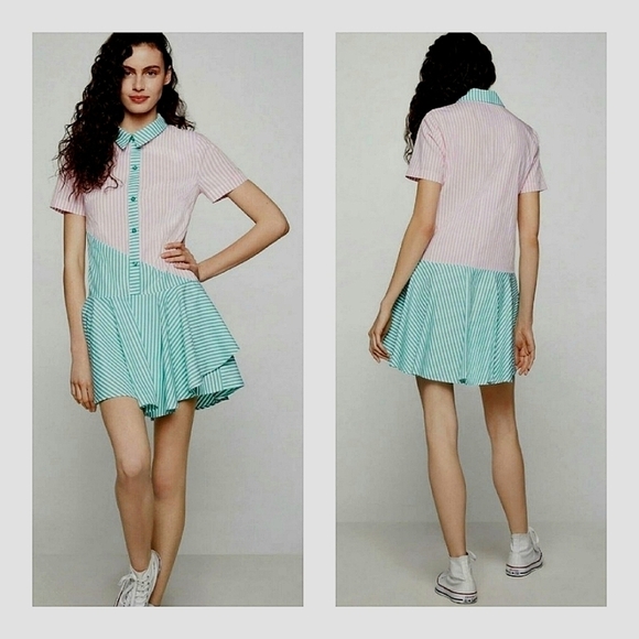 BCBGeneration‎ Pink Green StripedCollar Short Sleeve T-Shirt Dress - Picture 1 of 4